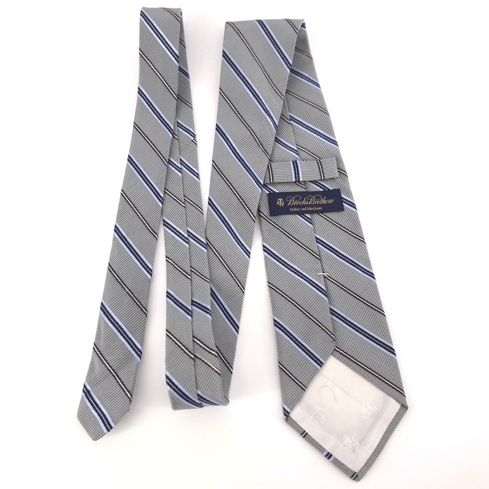 Brooks Brothers Makers and Merchants Mens Tie Silk Grey Navy Gold Repp Stripe - Picture 7 of 7